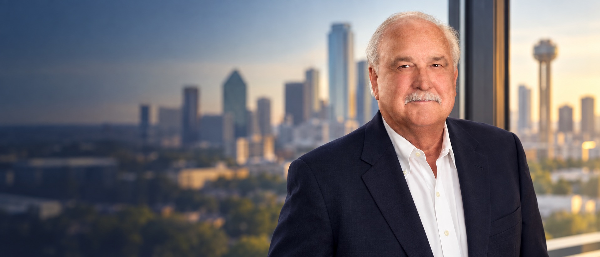 Olin Jaye with the Dallas skyline behind him