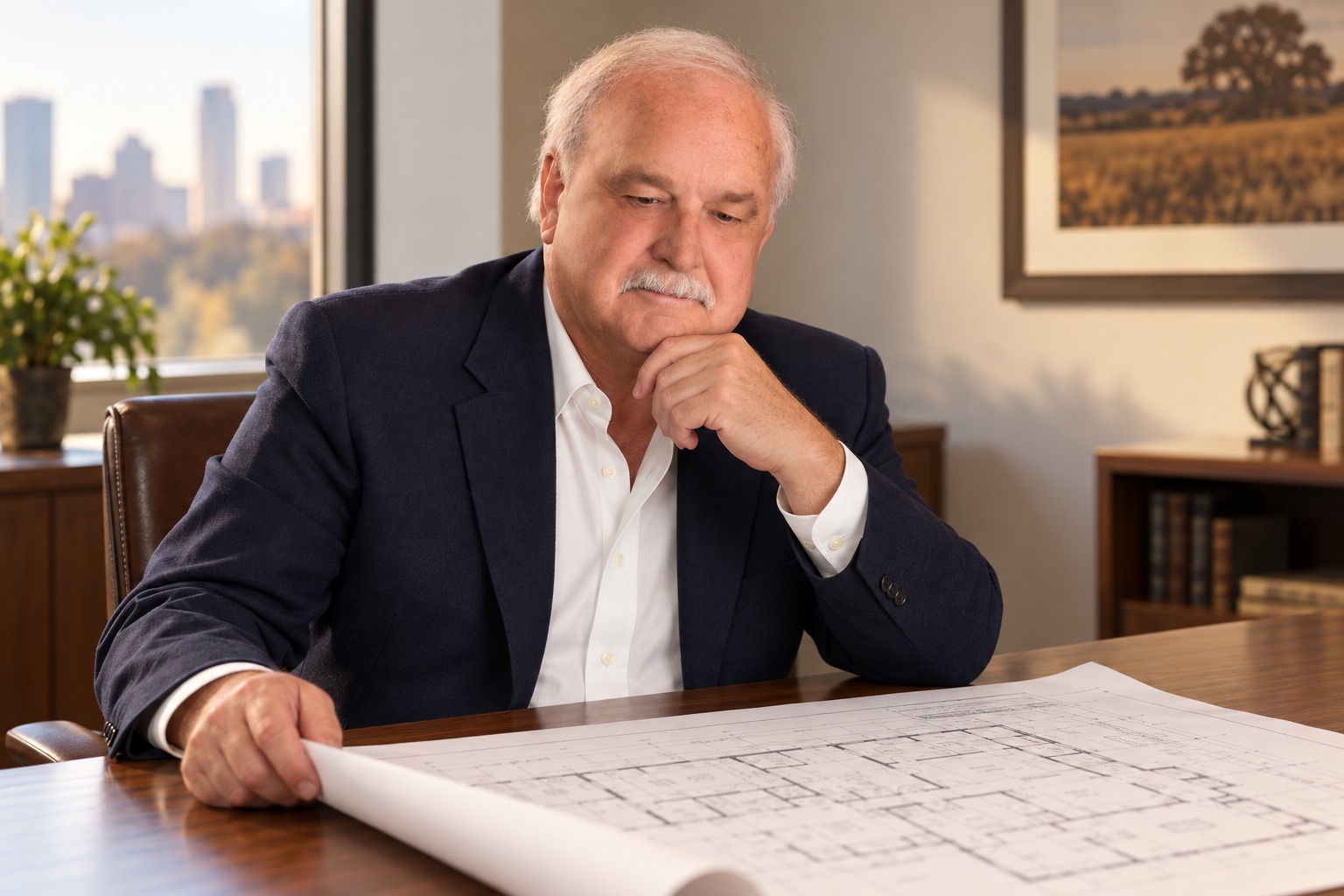 Olin Jaye reviewing a commercial floorplan at his desk